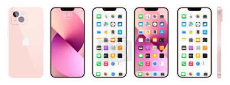 Illustration for New pink Iphone 14. Apple inc. smartphone with ios 14. Locked screen, phone navigation page, home page with 47 popular apps. Black background. Editorial - Royalty Free Image