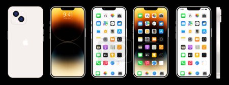 Illustration for New white Iphone 14. Apple inc. smartphone with ios 14. Locked screen, phone navigation page, home page with 47 popular apps. Black background. Editorial - Royalty Free Image