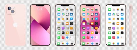 Ilustración de Nuevo Iphone 14 rosa. Apple inc. smartphone con iOS 14. Pantalla bloqueada, página de navegación del teléfono, página de inicio con 47 aplicaciones populares. Fondo negro. Editorial - Imagen libre de derechos
