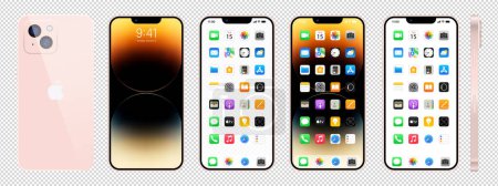 Neues rosafarbenes iPhone 14. Apple und Smartphone mit ios 14. Gesperrter Bildschirm, Handy-Navigationsseite, Startseite mit 47 populären Apps. Schwarzer Hintergrund. Leitartikel