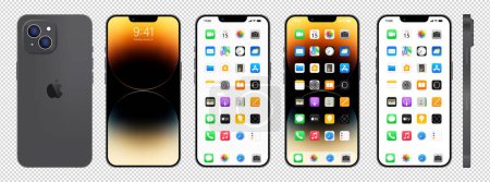 Nuevo Iphone 14 negro y gris. Apple inc. smartphone con iOS 14. Pantalla bloqueada, página de navegación del teléfono, página de inicio con 47 aplicaciones populares. Fondo negro. Editorial