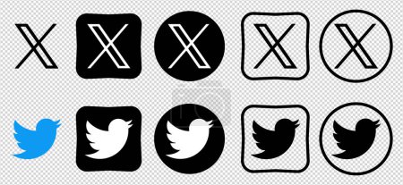Illustration for New Twitter vs x.com. Novation Elon Mask. popular social media button icon, instant messenger logo of Twitter. Editorial vector. - Royalty Free Image