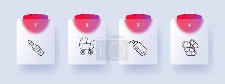 Illustration for Motherhood line icon. Stroller, formula, milk, pills, nipple, baby, parenting. Glassmorphism style. Vector line icon - Royalty Free Image