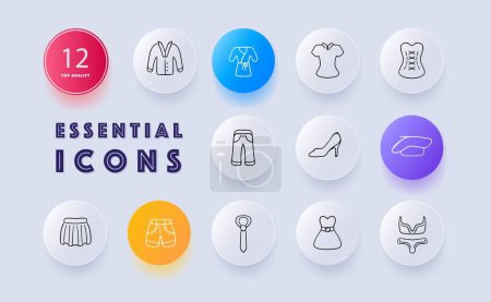 Illustration for Clothing line icon. Jeans, shorts, skirt, jacket, corset, tie, underwear. Neomorphism style. Vector line icon - Royalty Free Image