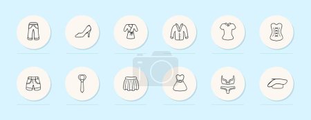 Ilustración de Icono de línea de ropa. Jeans, shorts, falda, chaqueta, corsé, corbata, ropa interior. Fondo color pastel. Icono de línea vectorial - Imagen libre de derechos