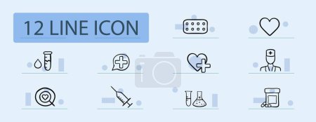 Illustration for Treatment line icon. Medicine, heart, cross, plus, flask, doctor, pills, beaker. Pastel color background. Vector line icon - Royalty Free Image