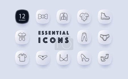 Illustration for Clothing line icon. Bow, jacket, jeans, pants, trousers, children's clothing, underwear. Neomorphism style. Vector line icon - Royalty Free Image