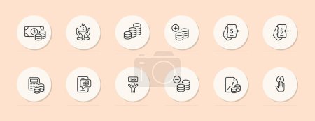 Illustration for Money line icon. Coins, graph, internet payment, smartphone, taxes, credit card. Pastel color background. Vector line icon - Royalty Free Image