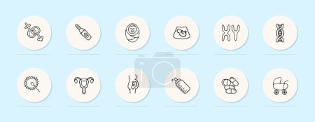 Illustration for Motherhood line icon. Gender party, pregnancy, childbirth, womb, baby, pills, egg cell. Pastel color background. Vector line icon - Royalty Free Image