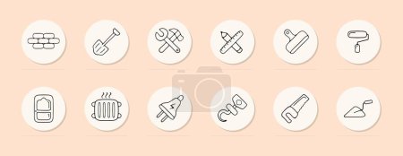 Illustration for Construction line icon. Shovel, handle, ruler, hammer, spatula, saw, oven. Pastel color background. Vector line icon - Royalty Free Image