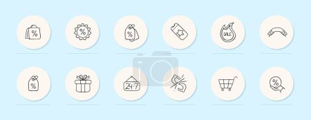 Illustration for Discounts line icon. Bonus, percentage, gift, sale, coupon, grocery cart. Pastel color background. Vector line icon - Royalty Free Image