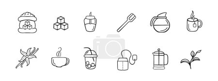 Téléchargez les illustrations : Icône Sugar Line. Thé, bouilloire, café, latte, tasse, canne, glace, boisson. Icône de ligne noire vectorielle sur fond blanc pour Business - en licence libre de droit