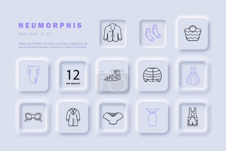 Illustration for Clothing line icon. Down jacket, jacket, glasses, sandals, coat, dress, jumpsuit. Neomorphism style. Vector line icon for Business - Royalty Free Image