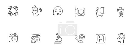Illustration for Medicine line icon. Blood transfusion, plus, pharmacy, pharmacology, patch, folder. Vector black line icon on white background for Business - Royalty Free Image