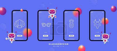 Illustration for Summer vacation line icon. Shell, glasses, fruit, pineapple, sweetness, swimsuit, underwear. Glassmorphism. UI phone app screens. Vector line icon for Business - Royalty Free Image