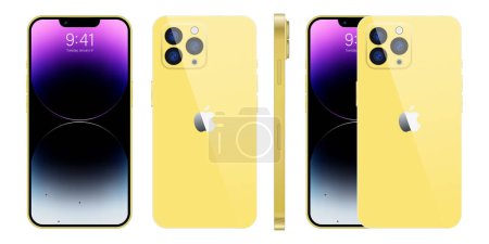 Ilustración de Nuevo iPhone 15 pro, pro max Color amarillo profundo de Apple Inc. Mock-up pantalla iphone y parte posterior iphone. Alta calidad. Presentación oficial. Editorial. - Imagen libre de derechos