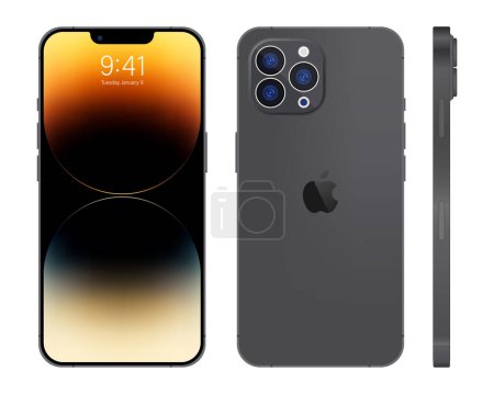 Ilustración de Nuevo iPhone 15 pro, pro max Color gris profundo de Apple Inc. Mock-up pantalla iphone y parte posterior iphone. Alta calidad. Presentación oficial. Editorial. - Imagen libre de derechos