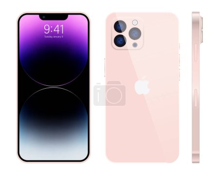 Ilustración de Nuevo iPhone 15 pro, pro max Color rosa profundo de Apple Inc. Mock-up pantalla iphone y parte posterior iphone. Alta calidad. Editorial. - Imagen libre de derechos