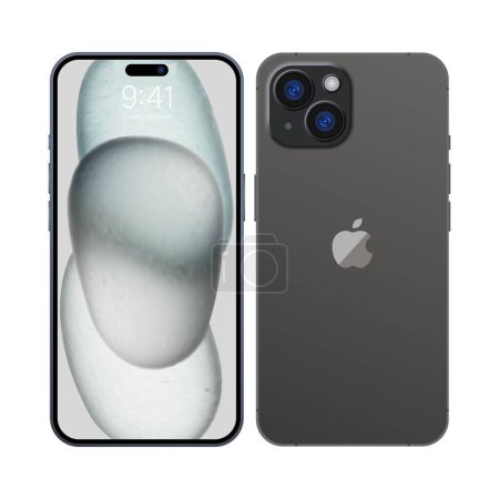 Ilustración de Nuevo iPhone 15 Color negro profundo de Apple Inc. Mock-up pantalla iphone y parte posterior iphone. Alta calidad. Presentación oficial. Editorial - Imagen libre de derechos