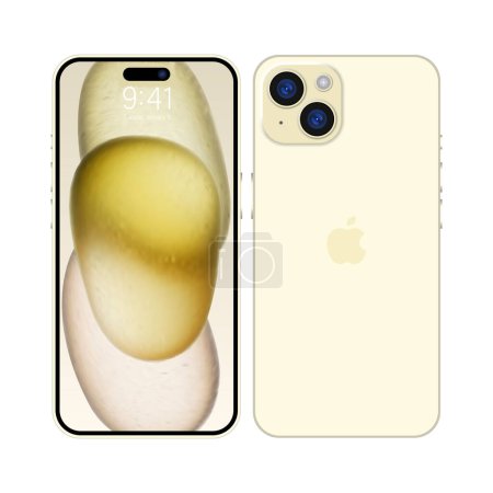 Téléchargez les illustrations : Nouvel iPhone 15 couleur or jaune profond par Apple Inc. Maquette écran iphone et iphone arrière. Haute Qualité. Présentation officielle. Éditorial - en licence libre de droit