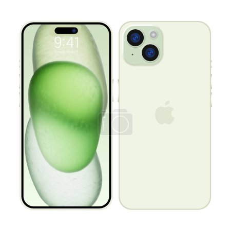 Illustration for New iPhone 15 Deep green color by Apple Inc. Mock-up screen iphone and back side iphone. High Quality. Official presentation. Editorial - Royalty Free Image