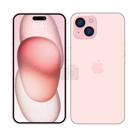 Illustration for New iPhone 15 Deep pink color by Apple Inc. Mock-up screen iphone and back side iphone. High Quality. Official presentation. Editorial - Royalty Free Image