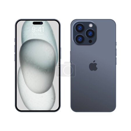 Ilustración de Nuevo iPhone 15 pro, pro max Gris profundo azul o por Apple Inc. Mock-up iphone pantalla y parte posterior iphone. Alta calidad. Presentación oficial. Editorial - Imagen libre de derechos