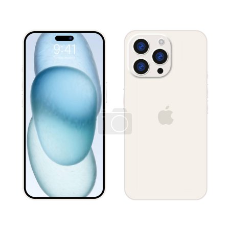 Illustration for New iPhone 15 pro, pro max Deep white color by Apple Inc. Mock-up screen iphone and back side iphone. High Quality. Official presentation. Editorial - Royalty Free Image