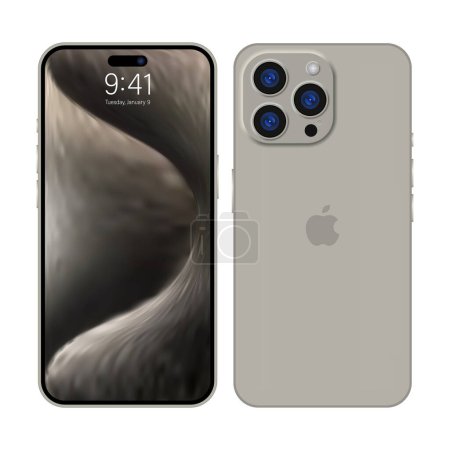 Ilustración de Nuevo iPhone 15 pro, pro max Color gris profundo de Apple Inc. Mock-up pantalla iphone y parte posterior iphone. Alta calidad. Presentación oficial. Editorial - Imagen libre de derechos