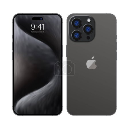 Ilustración de Nuevo iPhone 15 pro, pro max Color blanco profundo de Apple Inc. Mock-up pantalla iphone y parte posterior iphone. Alta calidad. Presentación oficial. Editorial - Imagen libre de derechos