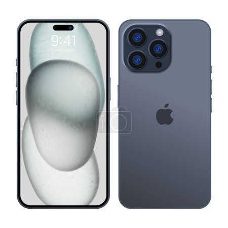 Illustration for New iPhone 15 pro, pro max Deep gray blue or by Apple Inc. Mock-up screen iphone and back side iphone. High Quality. Official presentation. Editorial - Royalty Free Image