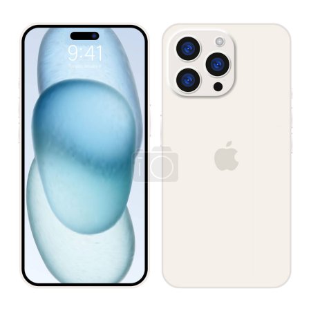 Illustration for New iPhone 15 pro, pro max Deep white color by Apple Inc. Mock-up screen iphone and back side iphone. High Quality. Official presentation. Editorial - Royalty Free Image
