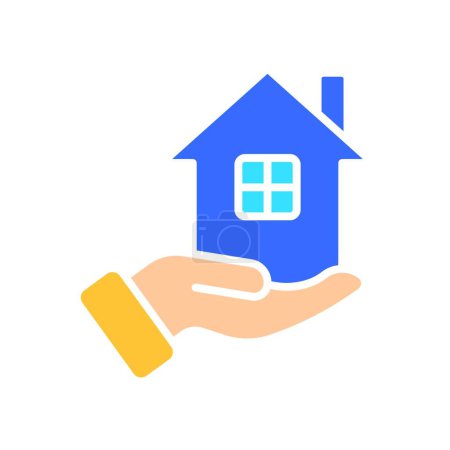Illustration for Hand holding house line icon. Stay at home, self-isolation, free time, safety, building. Vector color icon on a white background for business and advertising - Royalty Free Image