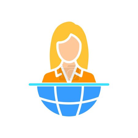 Illustration for Female reporter with planet line icon. Weather forecast, prime time, TV channel, radio, television, news, channel. Vector color icon on white background for business and advertising - Royalty Free Image