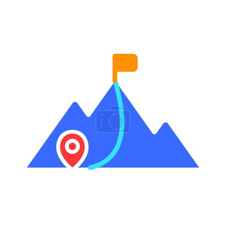 Téléchargez les illustrations : Itinéraire GPS vers l'icône de la ligne de montagnes. Falaise, voyage, pic, rocher, pic, grotte, pente. Icône de couleur vectorielle sur fond blanc pour les entreprises et la publicité - en licence libre de droit