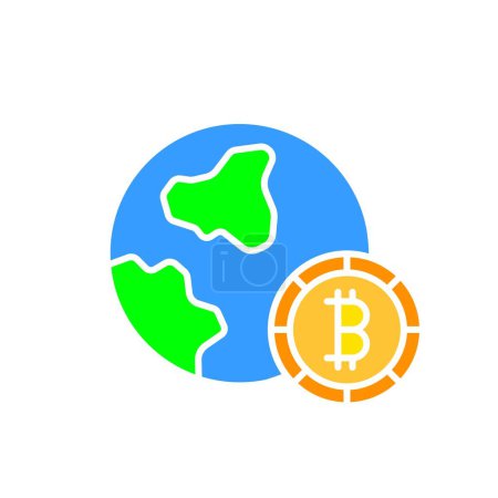 Téléchargez les illustrations : Planète avec icône de ligne Bitcoin. Crypto-monnaie, paiement électronique, ferme minière, anonymat. Icône de couleur vectorielle sur fond blanc pour les entreprises et la publicité - en licence libre de droit