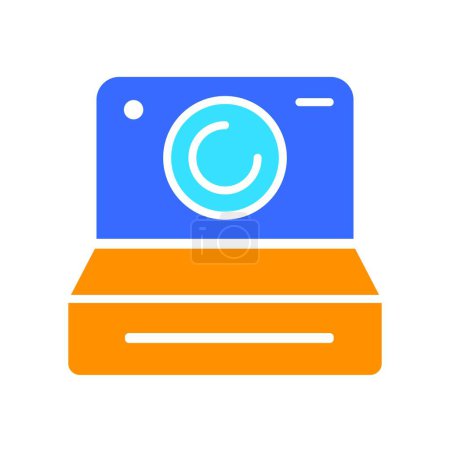 Illustration for Vintage camera with flash line icon. Photo and video editing, retouching, editing, collage, layers, tools, design. Vector color icon on white background for business and advertising. - Royalty Free Image