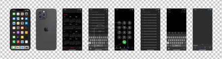 Illustration for Black Iphone 15 pro interfaces. Apple mockup. Front, back side of the phone. Phone navigation page. Notes, search history, navigator, IOS call screen, calendar. Editorial vector - Royalty Free Image