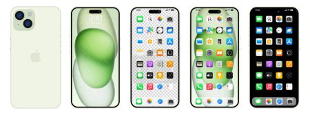 Illustration for New green Iphone 15. Apple inc. smartphone with ios 15. Locked screen, phone navigation page, home page with 47 popular apps. Black background. Editorial - Royalty Free Image