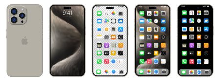 Ilustración de Nuevo negro, gris Iphone 15 pro. Apple inc. smartphone con iOS 15. Pantalla bloqueada, página de navegación del teléfono, página de inicio con 47 aplicaciones populares. Fondo negro. Editorial - Imagen libre de derechos