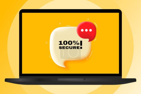 Illustration for 100 percent secure. Speech bubble with text. 3d illustration. Text banner in the modern laptop. Advertising on the computer - Royalty Free Image