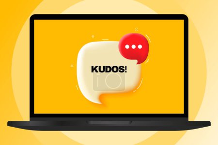 Illustration for Kudos. Speech bubble with text. 3d illustration. Text banner in the modern laptop. Advertising on the computer - Royalty Free Image