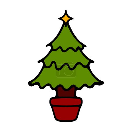 Téléchargez les illustrations : Silhouette d'arbre de Noël avec décorations, illustration vectorielle isolée sur fond blanc, gabarit pour la conception, carte de vœux, invitation. - en licence libre de droit