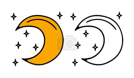 Illustration for Moon half with star, waning or waxing crescent moon on transparent checkered background. Lunar eclipse in stages from full moon to thin moon, - Royalty Free Image