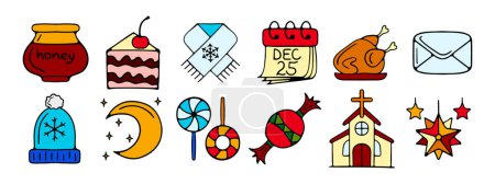 Illustration for New Year, Christmas set icon. A pot of honey, a cake, a scarf, a calendar, a grill trigger, a letter to Santa, a hat, a lollipop, a church, a holy evening. - Royalty Free Image
