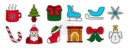 Téléchargez les illustrations : Nouvel An, icône du set de Noël. Tasse, sapin de Noël, cadeau, patins, flocon de neige, neige, sucette, Père Noël, cheminée, chaussette cadeau, ange, décorations. - en licence libre de droit
