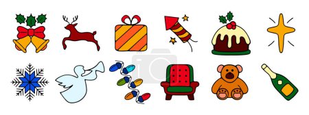Illustration for New Year, Christmas set icon. Decorations, reindeer, gift, fireworks, cake, star of Bethlehem, snow, angel, garland, chair, Teddy bear, wine. - Royalty Free Image