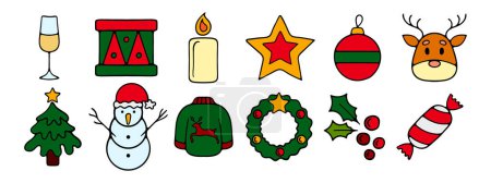 Ilustración de Año Nuevo, icono del set de Navidad. Una copa de vino, un tambor, una vela, una estrella, una guirnalda, un reno, un árbol de Navidad, un muñeco de nieve, un suéter, vino, muérdago, dulces. - Imagen libre de derechos