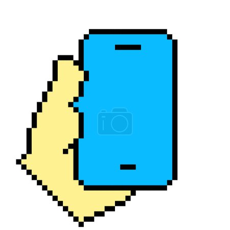 Téléchargez les illustrations : Main tenant icône de ligne téléphonique bleue. Gadget, smartphone, écran tactile, applications, appareil photo, style pixel. Icône multicolore sur fond blanc - en licence libre de droit