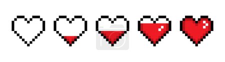 Téléchargez les illustrations : Ensemble d'icône de ligne de coeur rouge. Emoji, Saint Valentin, relations, amour, vie, santé, jeu, traitement, applications, pixel style icône multicolore sur fond blanc - en licence libre de droit